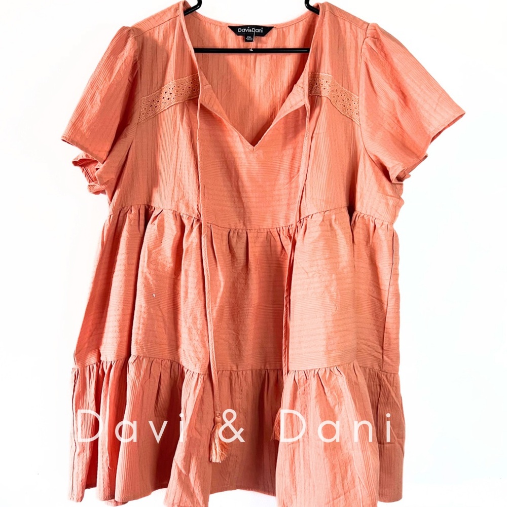 Oversized Baby Doll Coral Short Sleeve Tiered Top Size 2X